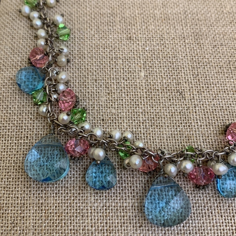 Silver Swarovski Faceted Crystal Faux Pearl Beaded 925 Statement Necklace - Picture 14 of 16